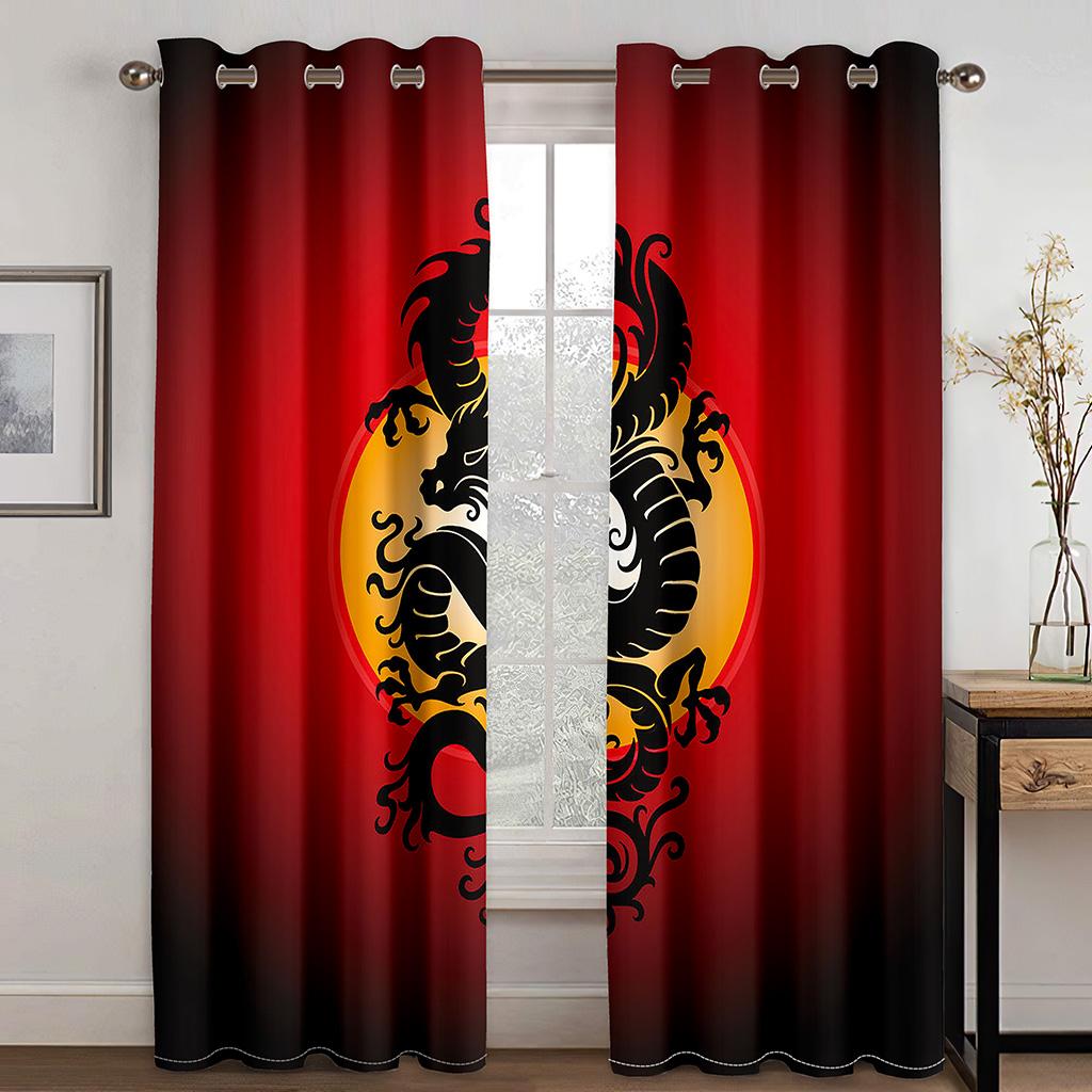 Customize Red Medieval Fantasy Dragon Design 2 Panels Thin Window Curtains for Living Room Bedroom Drape Decortion