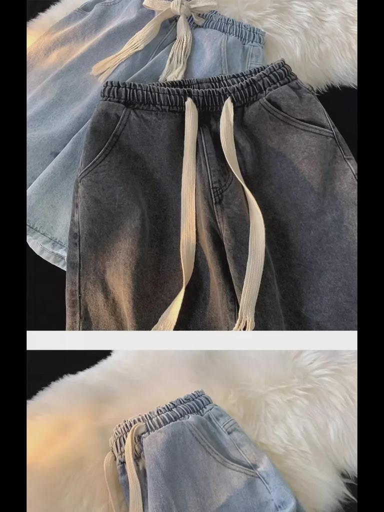 2024 Summer Loose Straight Denim Shorts: Retro Drawstring Casual Solid-Color Shorts
