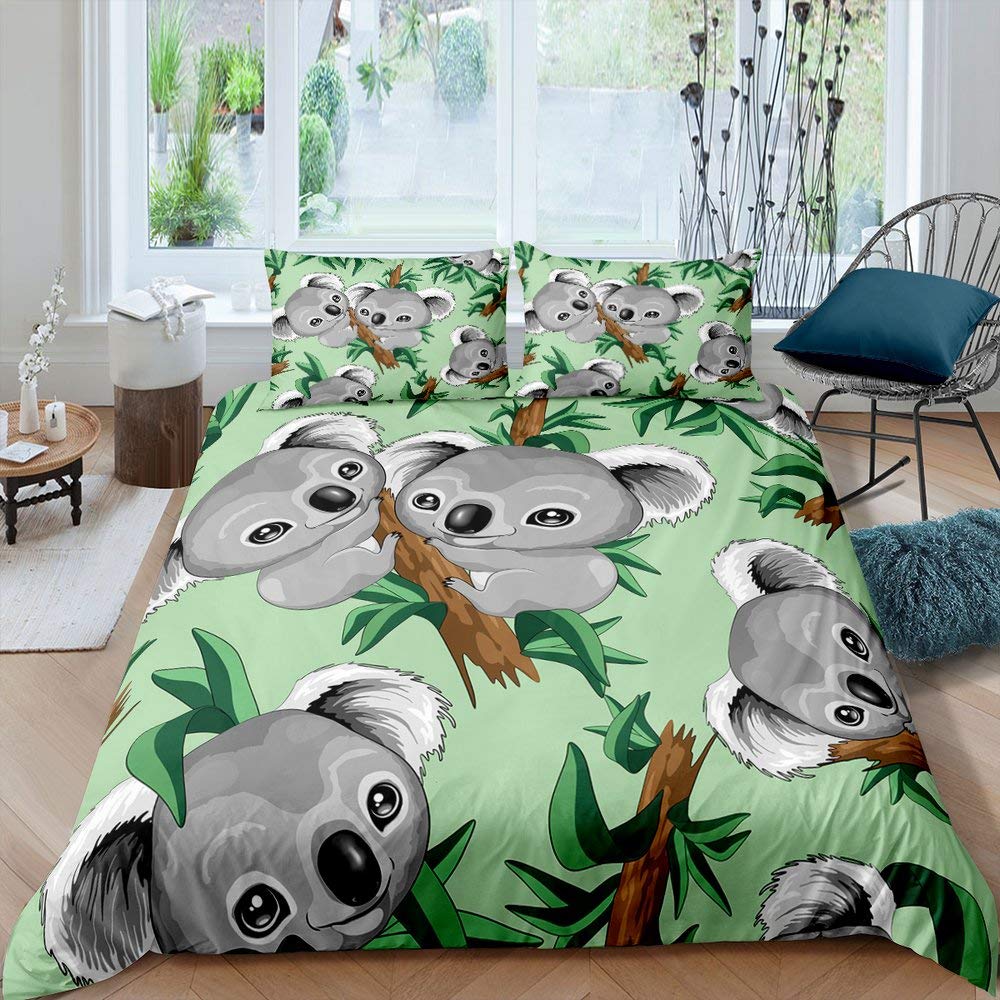 Koala Duvet Cover Set Blooming Floral Branch Bear Comforter Palm Tree Leaf Wildlife Cartoon Polyester Quilt