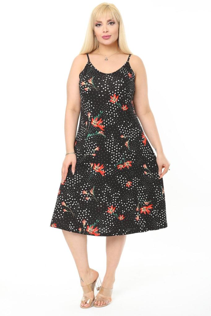 Women's Big Size Dress Black Lily Pattern Cotton Viscose Rope Strap Dress