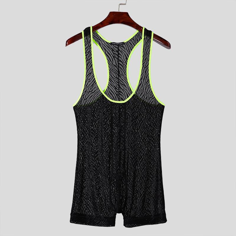 INCERUN Men Sleeveless Patchwork Lace See Through Mesh Playsuit Jumpsuits