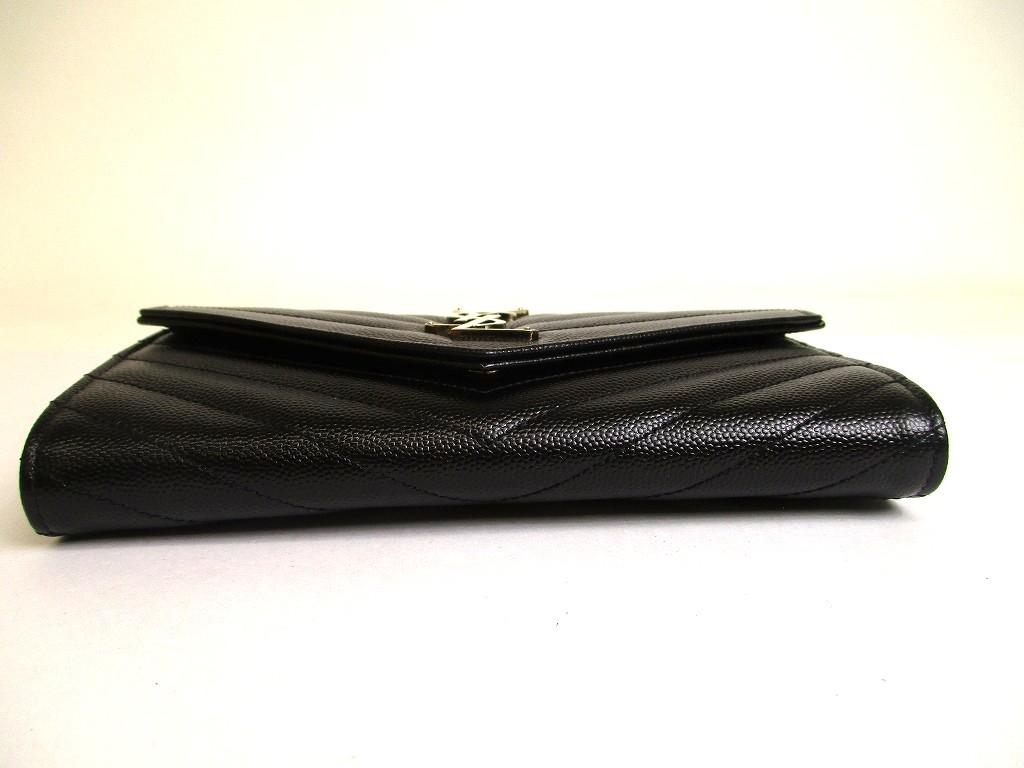 Оригинальный кошелек Saint Laurent YSL серебристый мотив YSL черная кожа длинный кошелек с клапаном #a875 Восстановленный