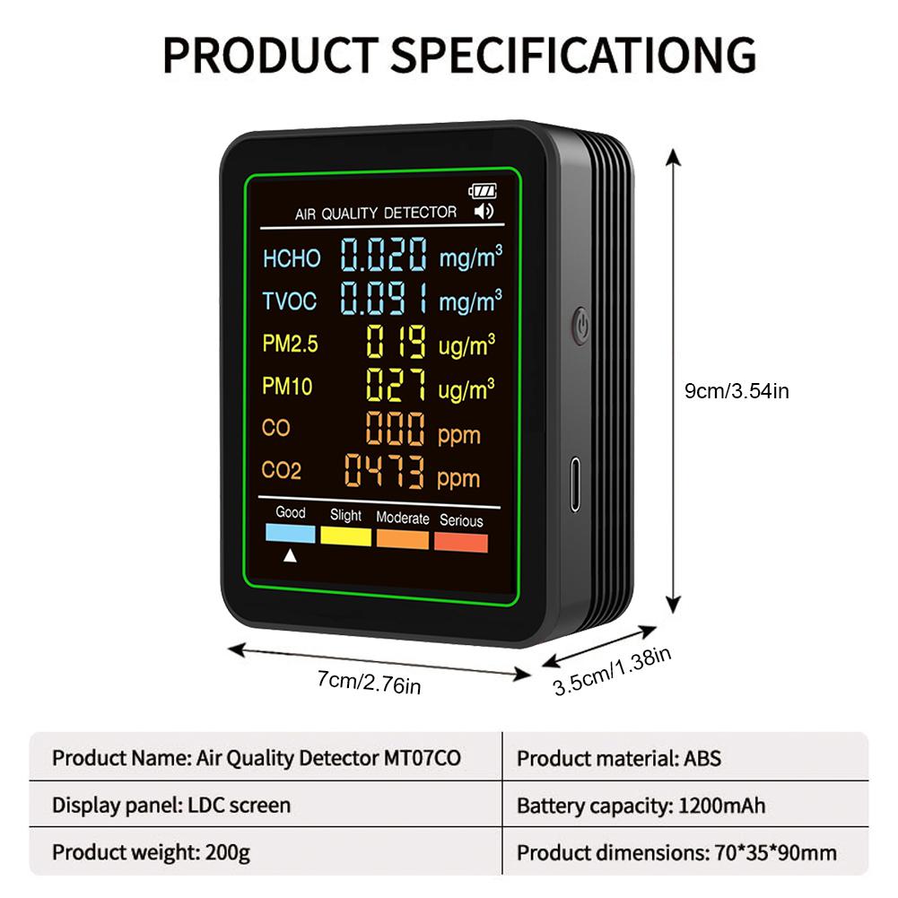 Multifunctional Air Quality Monitor APP Control Portable Temperature Humidity Meter Rechargeable Household CO CO2 TVOC HCHO Test