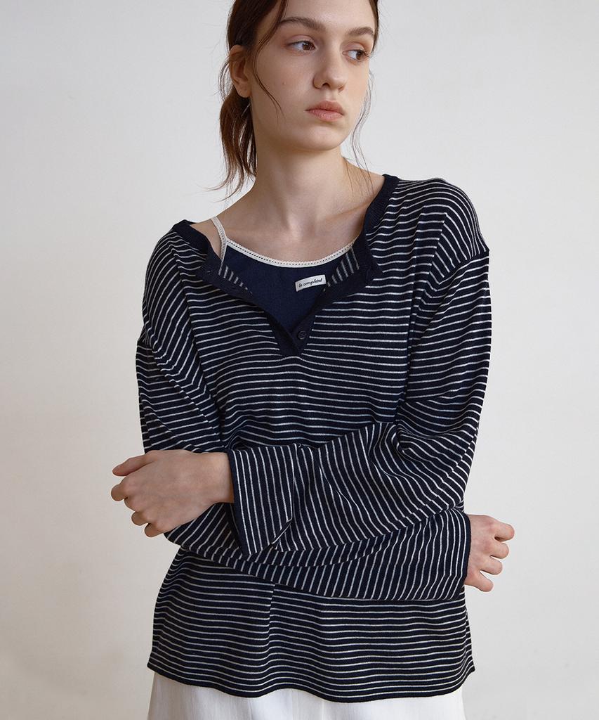 BUT'TON Stripe Button Knit (Navy)