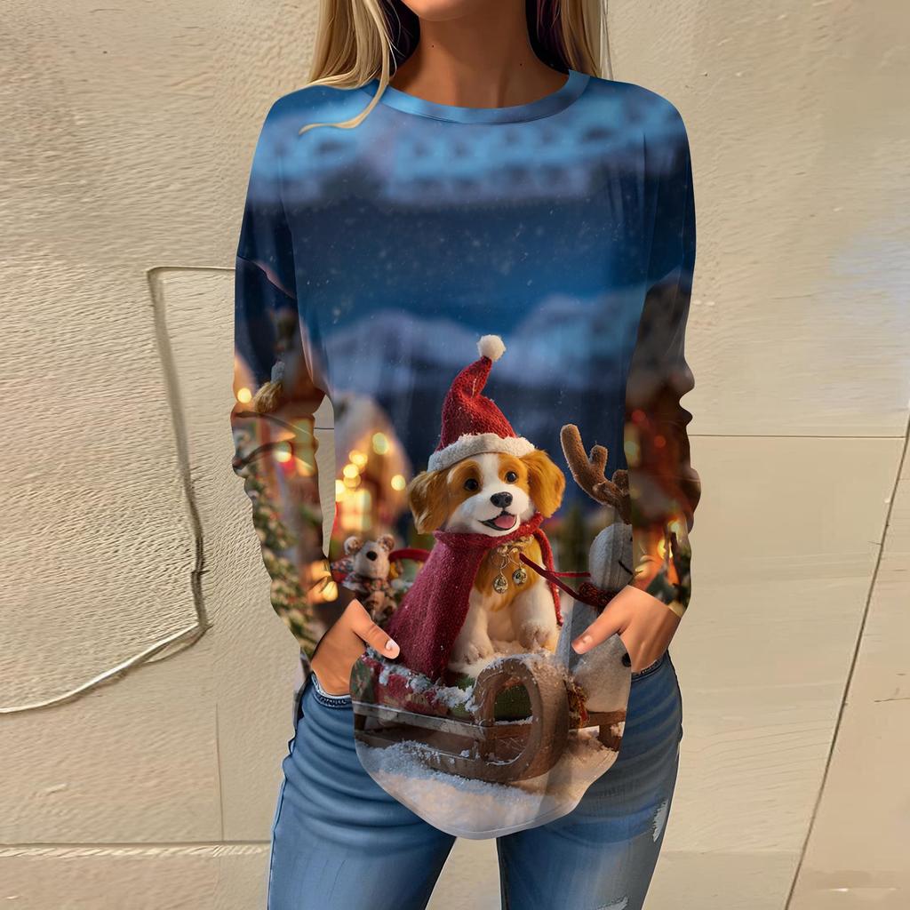 Женские футболки Повседневные футболки с круглым вырезом и длинным рукавом Рождественский принт Топ-пуловер