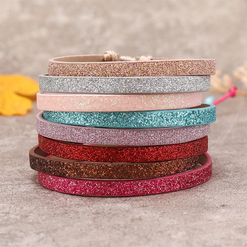 Colorful Sparkly Pu Leather Handmade Pullable Women's Bracelet Simple And Artistic European And American Style