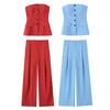 Kaslead New Women clothes Western Style Stretch Neck Collar Top Long Pleated Pants 0085339 3152433