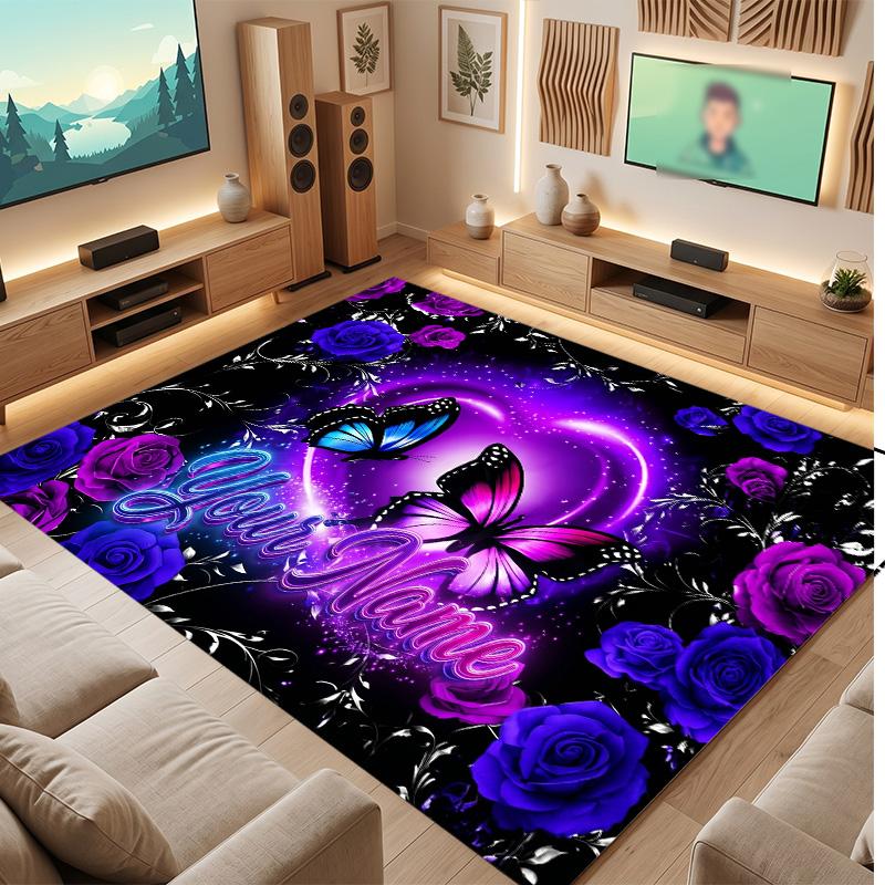 Butterfly Theme Soft Crystal Velvet Rug Custom Name & Text Print Non Slip Floor Rug for Bedroom Living Room