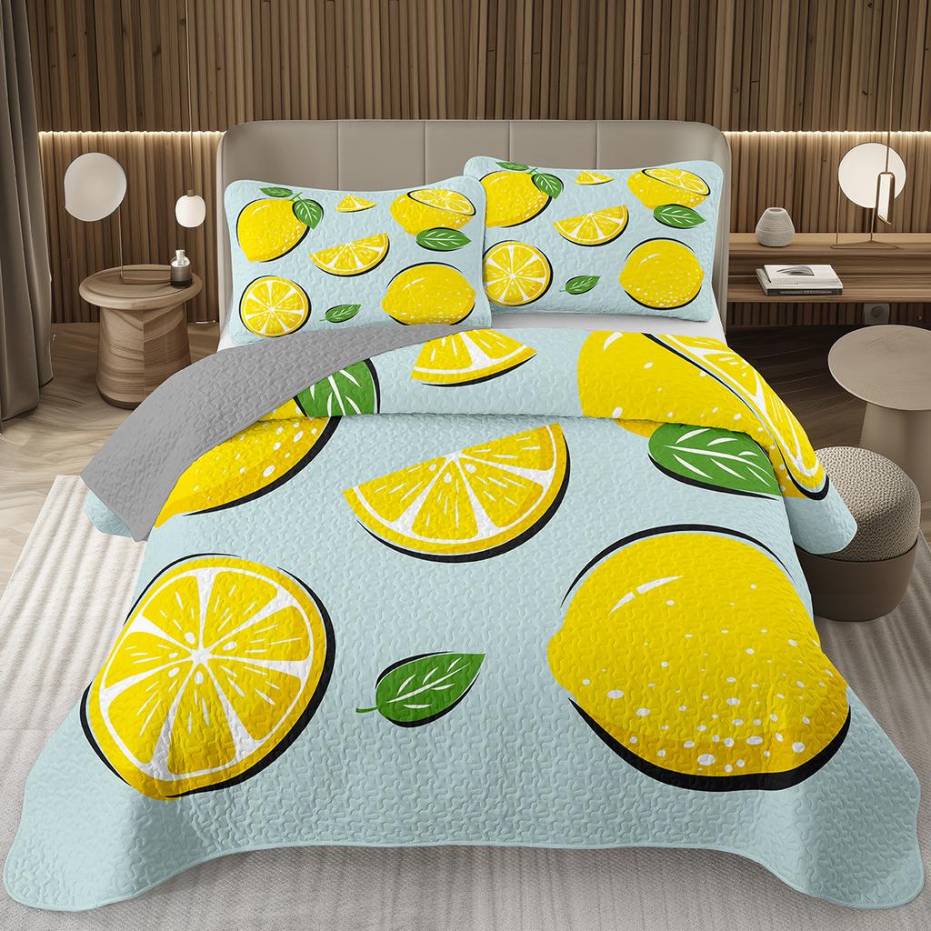 Лимонный Набор Покрывал Твин Квин Кинг Оранжевое Стеганое Покрывало 2/3 шт Летний Набор Постельного Белья с Тропическими Фруктами Ботаническая Тема Домашний Декор