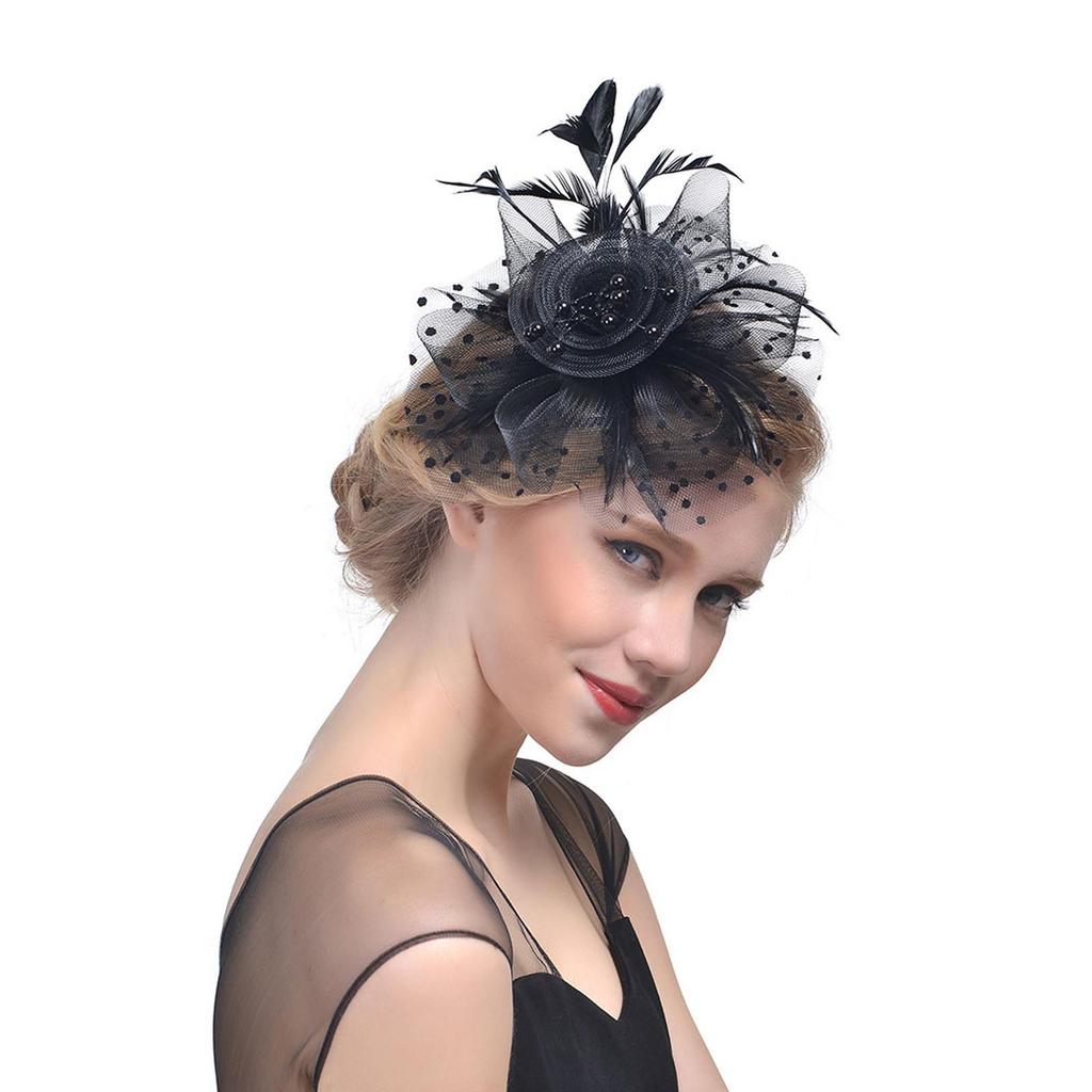 (male wardrobe)Women Flower Mesh Ribbons Feathers Headband Cocktail Tea Party Hat Headwear