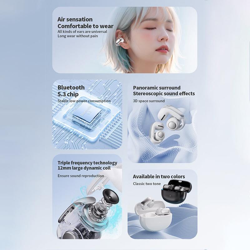 New V12 Earphones Wireless Bluetooth 5.3 Open Headsets HiFi Stereo Sport Earbuds HD Mic Call Ear Clip Headphones