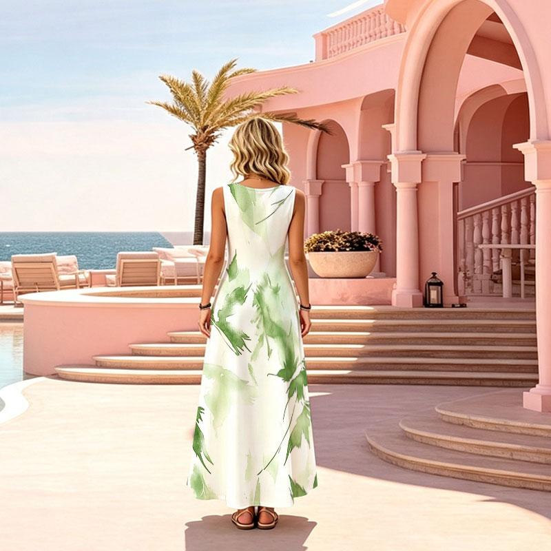 Women's Sleeveless Maxi Dress Summer Casual Green Leaf Flowy Vacation Dress Lightweight Loose Fit Flattering Fashion Versatile