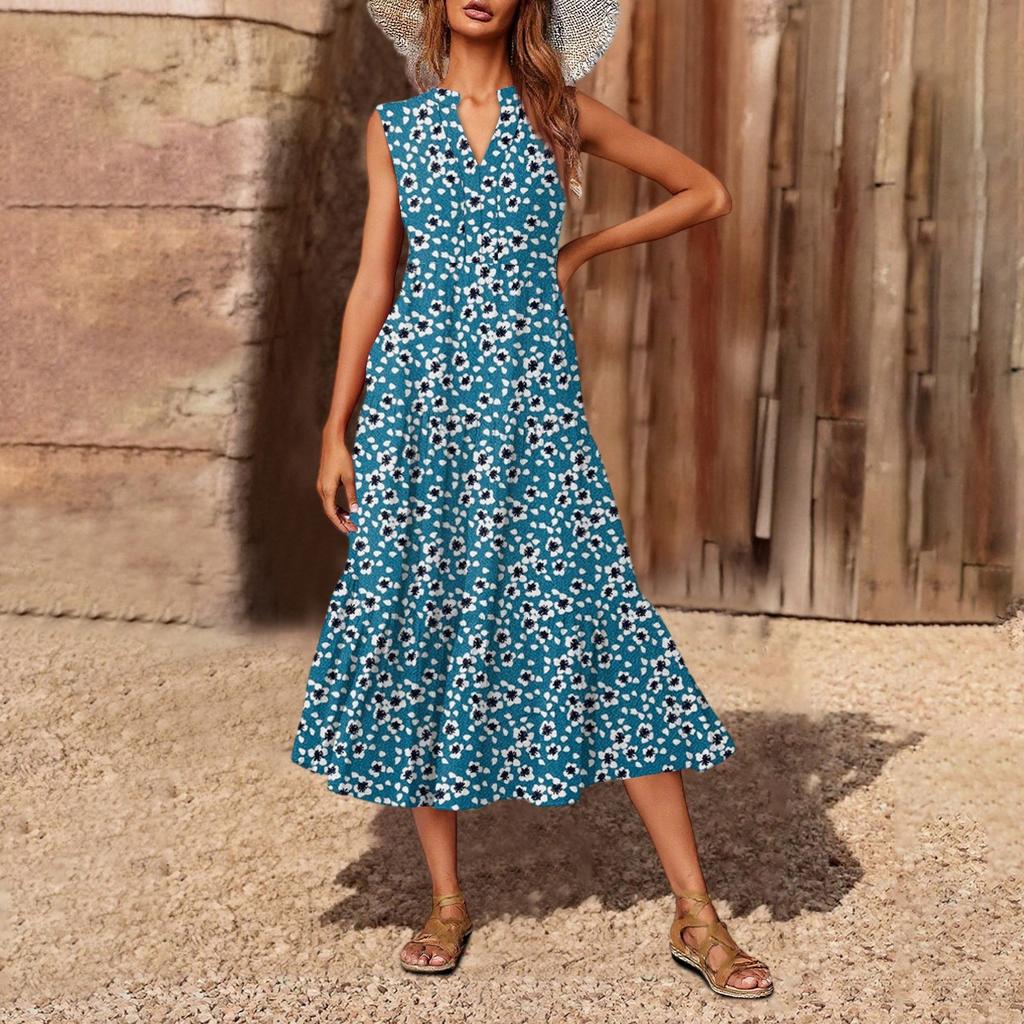 Women's Casual And Fashionable V-neck  Sleeveless Printing Mid Length Dress