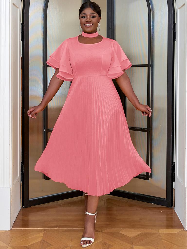 AOMEI Желтые платья трапециевидной формы для женщин с круглым вырезом и короткими рукавами с оборками и высокой талией Плиссированные офисные повседневные повседневные вечерние платья миди Наряды