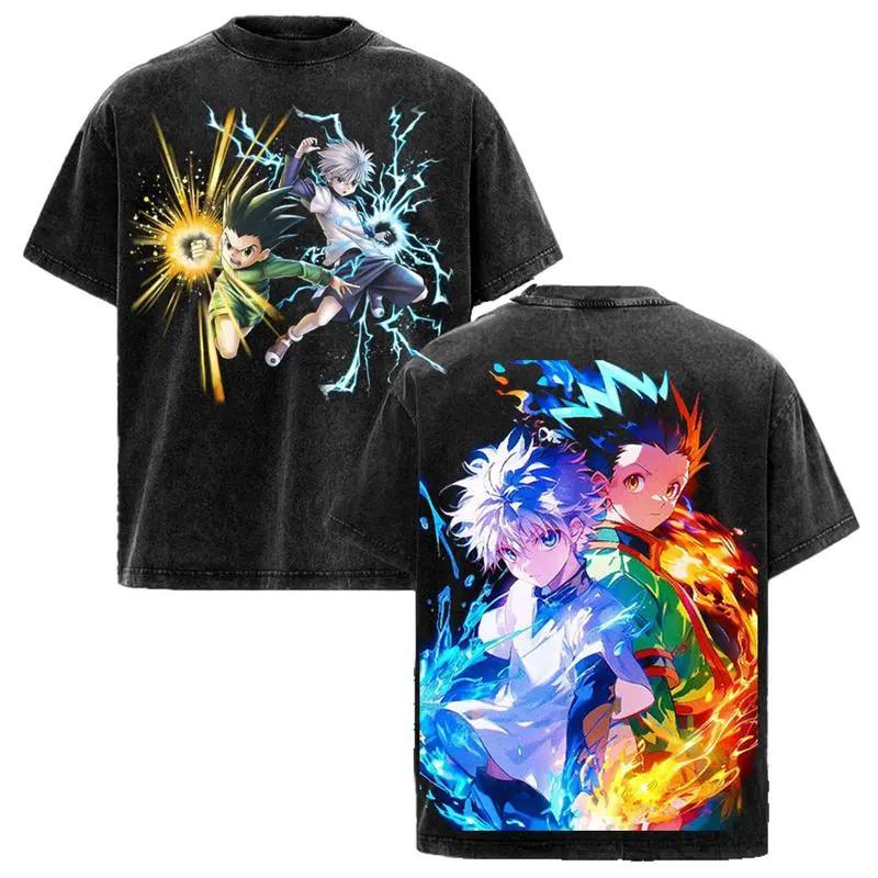 Anime Hunter x Hunter Killua Zoldyck Printed Tee Men Women Washed Cotton T-shirts Short Sleeve Vintage T Shirt Oversized Tshirt