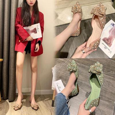 Летние женские балетки Мэри Джейн с острым носком и бантом, с жемчугом и стразами, 2025