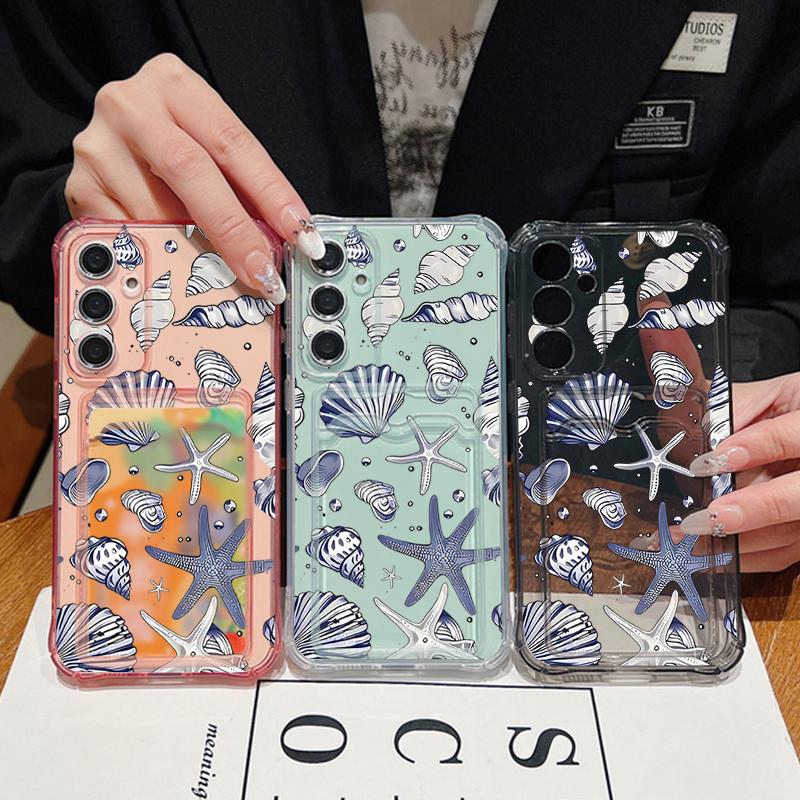 Противоударный Мягкий Чехол Для Samsung S25 Ultra S24 FE S23 S22 A56 A16 A15 A53 A52 A54 С Отделением Для Карт Мягкий Чехол Крышка С Рисунком Ракушки Морской Звезды Чехол Для Телефона