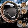Brown Leopard Print Fuzzy Steering Wheel Cover for Women, Universal Auto Steering Wheel 14-15 Inch Soft Warm Car Interior Accessories with 2PCS Car