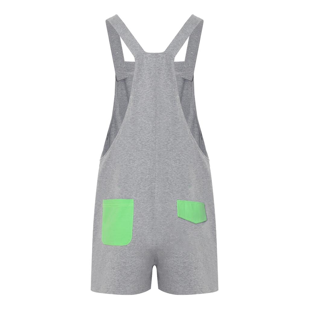 S-XXL Men Cartoon Dinosaur Printed Overalls Pajamas Back Color Blocking Pockets Adjustable Straps Bib Shorts Rompers Sleepwear