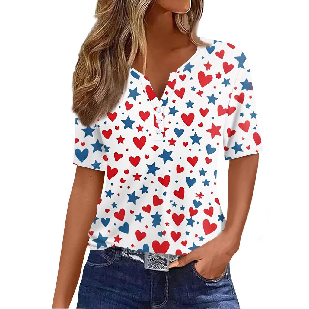 Women's T Shirt Independence Day Print Button Short Sleeve Daily Weekend Fashion Basic V- Neck Regular Top