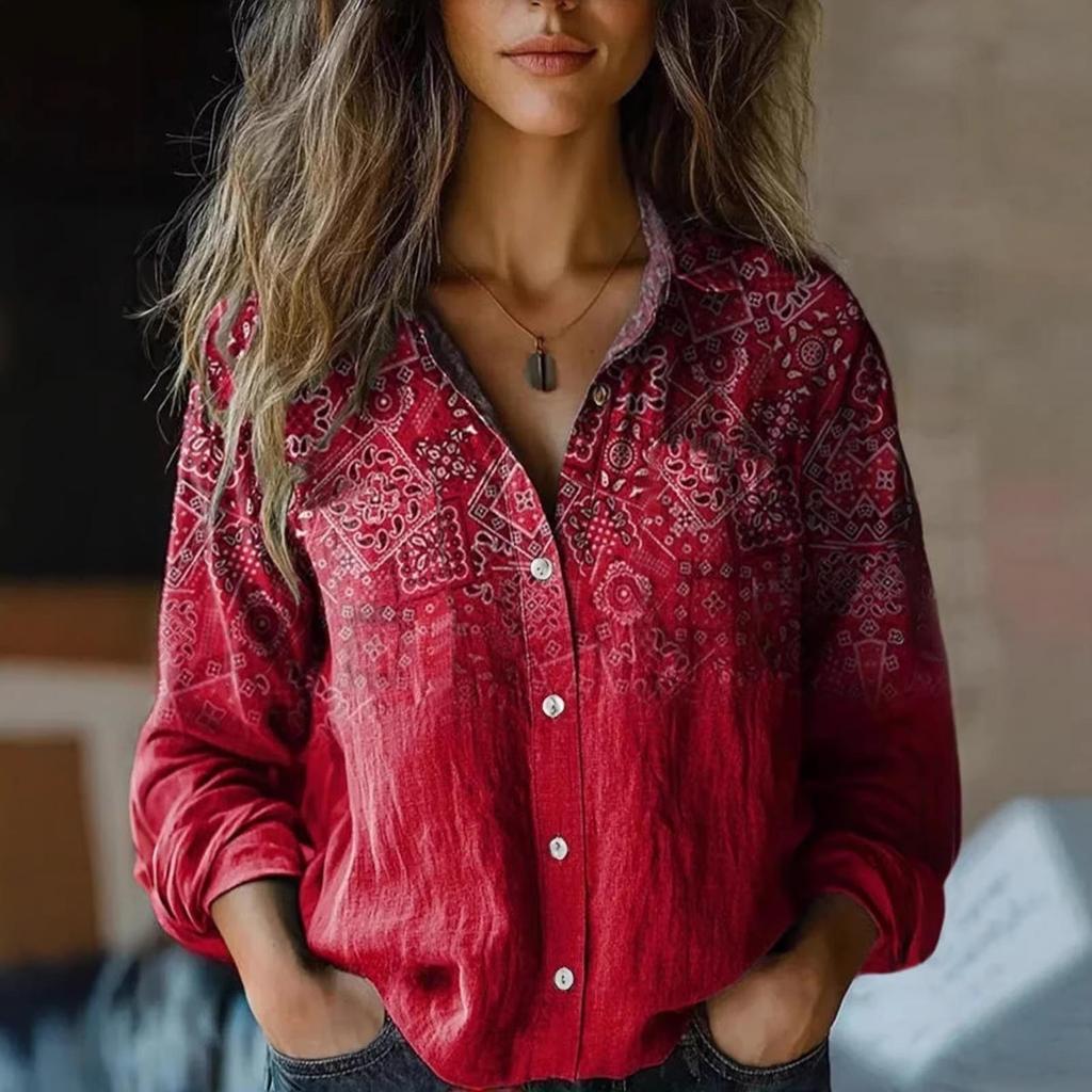 Женская повседневная рубашка с ретро-принтом, длинный рукав, 2025 г. - Весна/Лето, смесовая ткань хлопок/лен