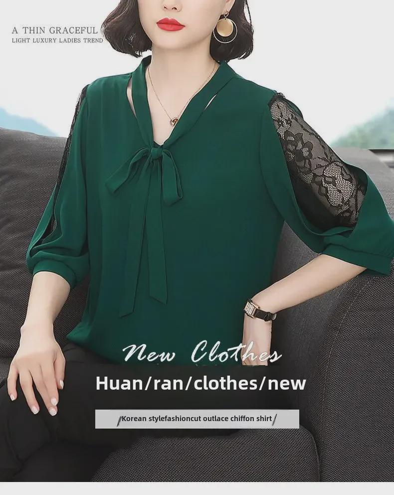 Шифоновый пуловер с V-образным вырезом: Стильная, сказочная рубашка со средним рукавом, бабочкой и кружевным подолом — свободный, прикрывающий живот фасон.