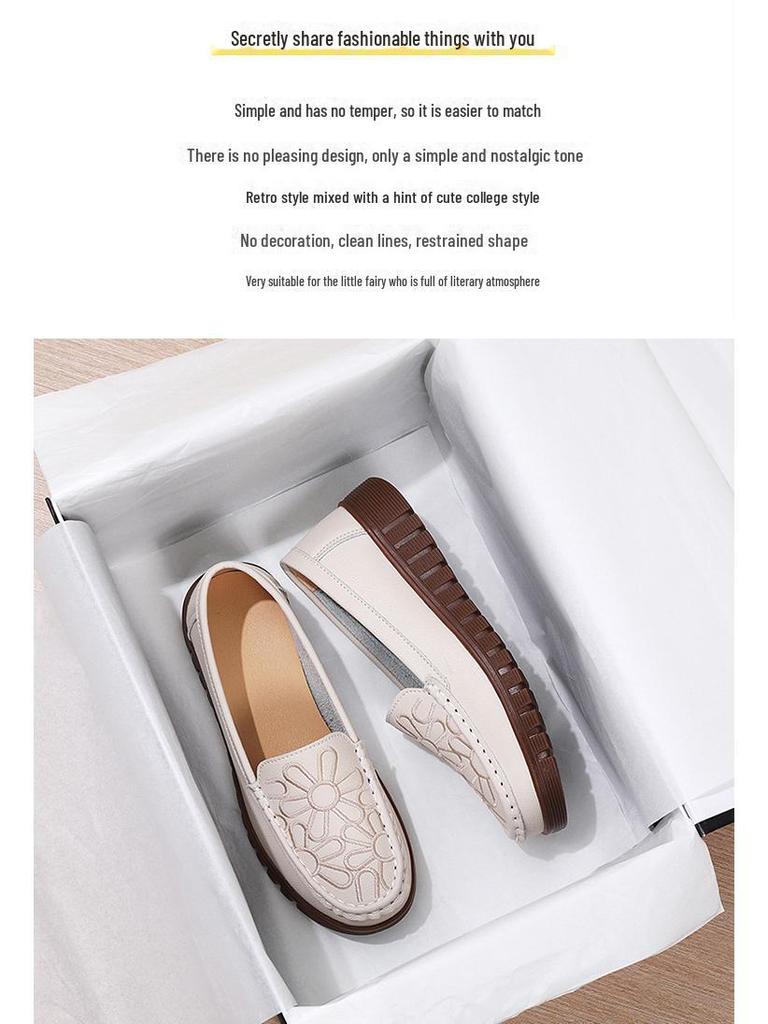 Women's Genuine Leather Slip-On Shoes with Cowhide Soles - Comfortable, Non-Slip Flats for Middle-Aged and Elderly.