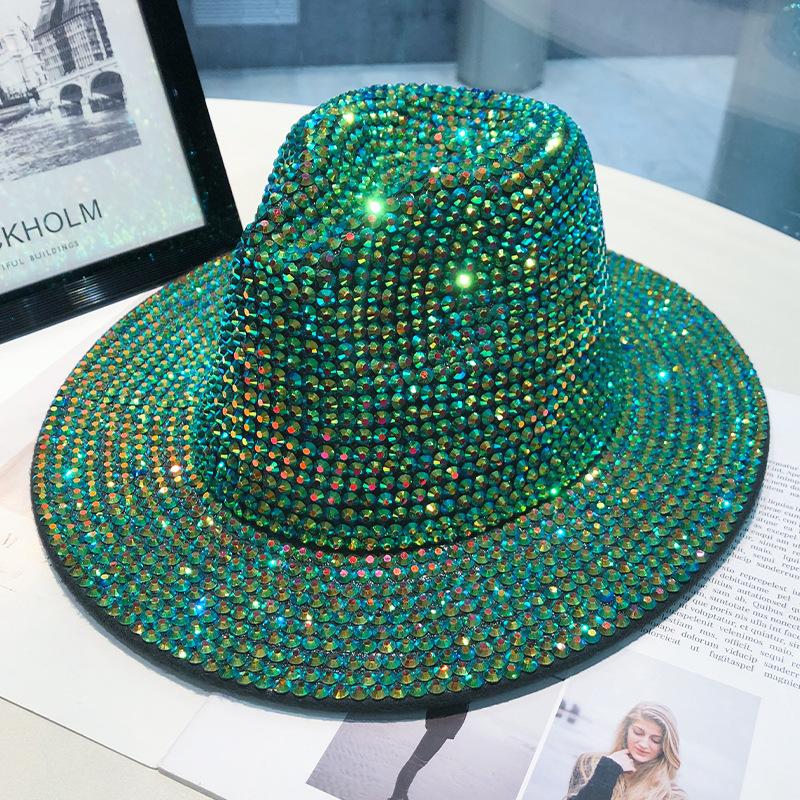 Hat women's autumn and winter fashion rhinestone elegant jazz hat British retro versatile diamond-encrusted woolen women's top hat tide