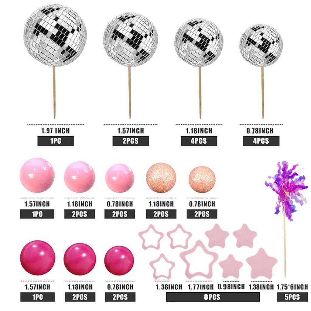 Disco Ball Cake Topper Mirror Balls Cake Decorations with Silver Stars Cake Topper for 70s 80s Disco Dance Party Supplies