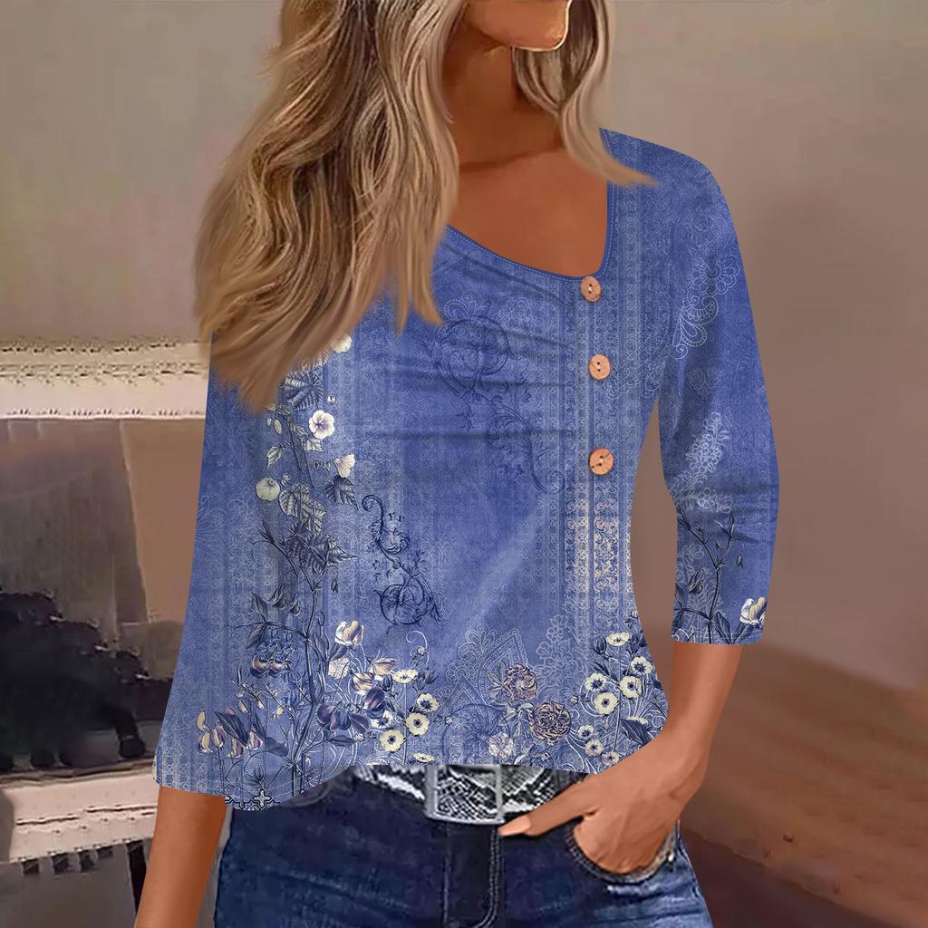 Women's T Shirt Tee Print Button 3/4 Sleeve Daily Weekend Fashion Basic Regular Top