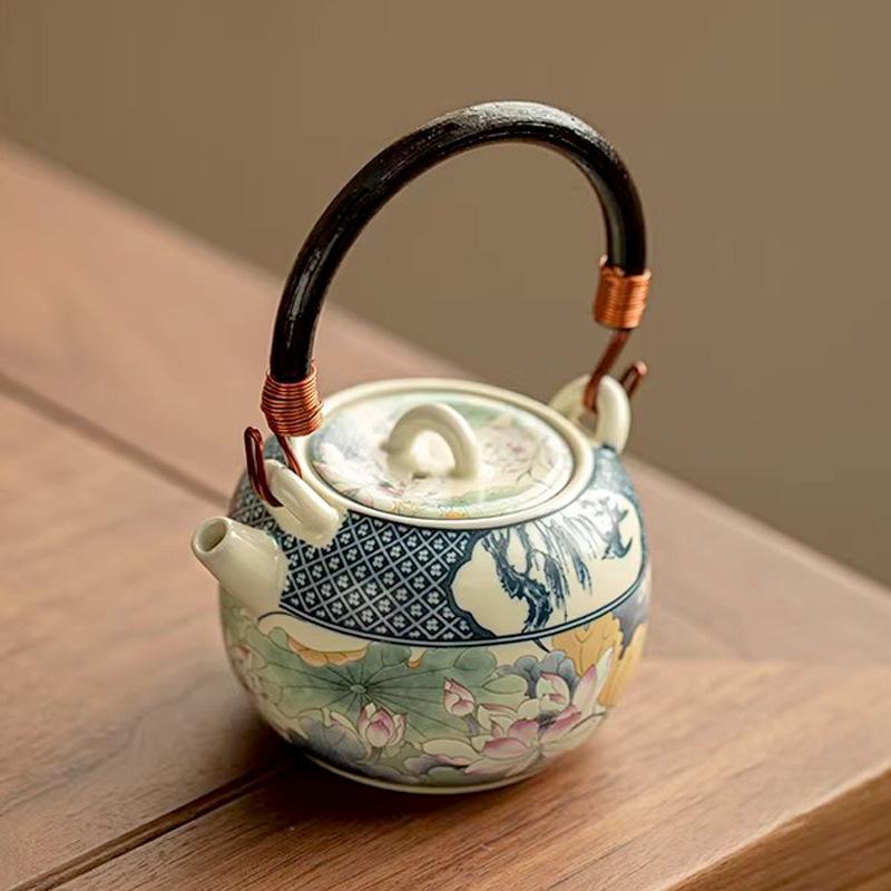 Chinese antique lotus rhyme pastel teapot beam pot bubble teapot ceramic tea set exquisite teapot kung fu tea set single pot
