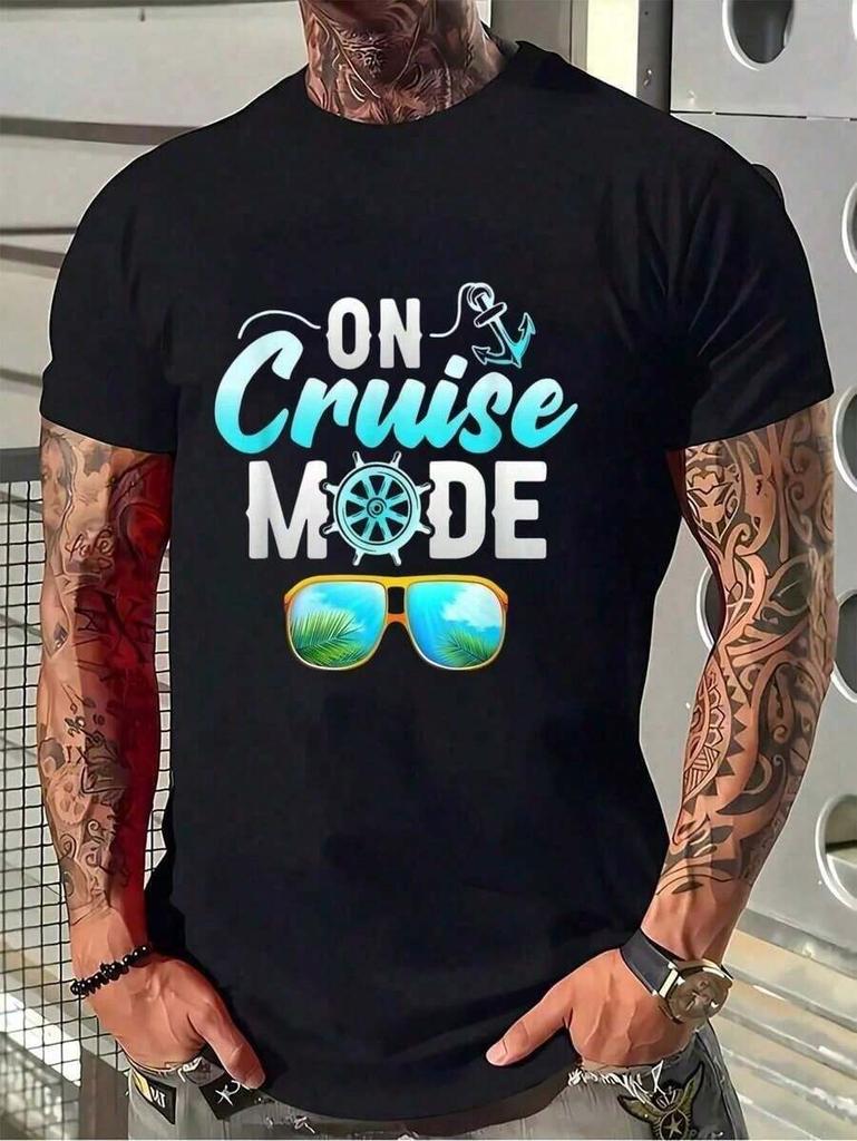 Cruise Mode Family Cruising Essentials Vacation Crew T-Shirt Women's Men's Graphic Tee Black Crew Neck T-Shirt Short Sleeve Summ
