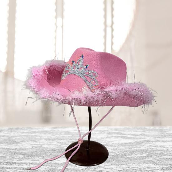 Cowgirl Hat Rhinestone Crown Decor Furry Ripped Edge Windproof Chin Rope Large Brim Sun