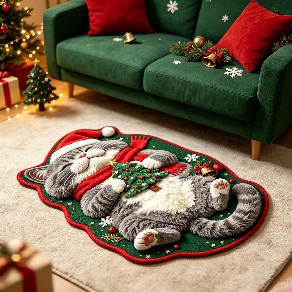 Plush Sleeping Cat Floor Mat Red and Green Cartoon Doormat Carpet Entryway Decor