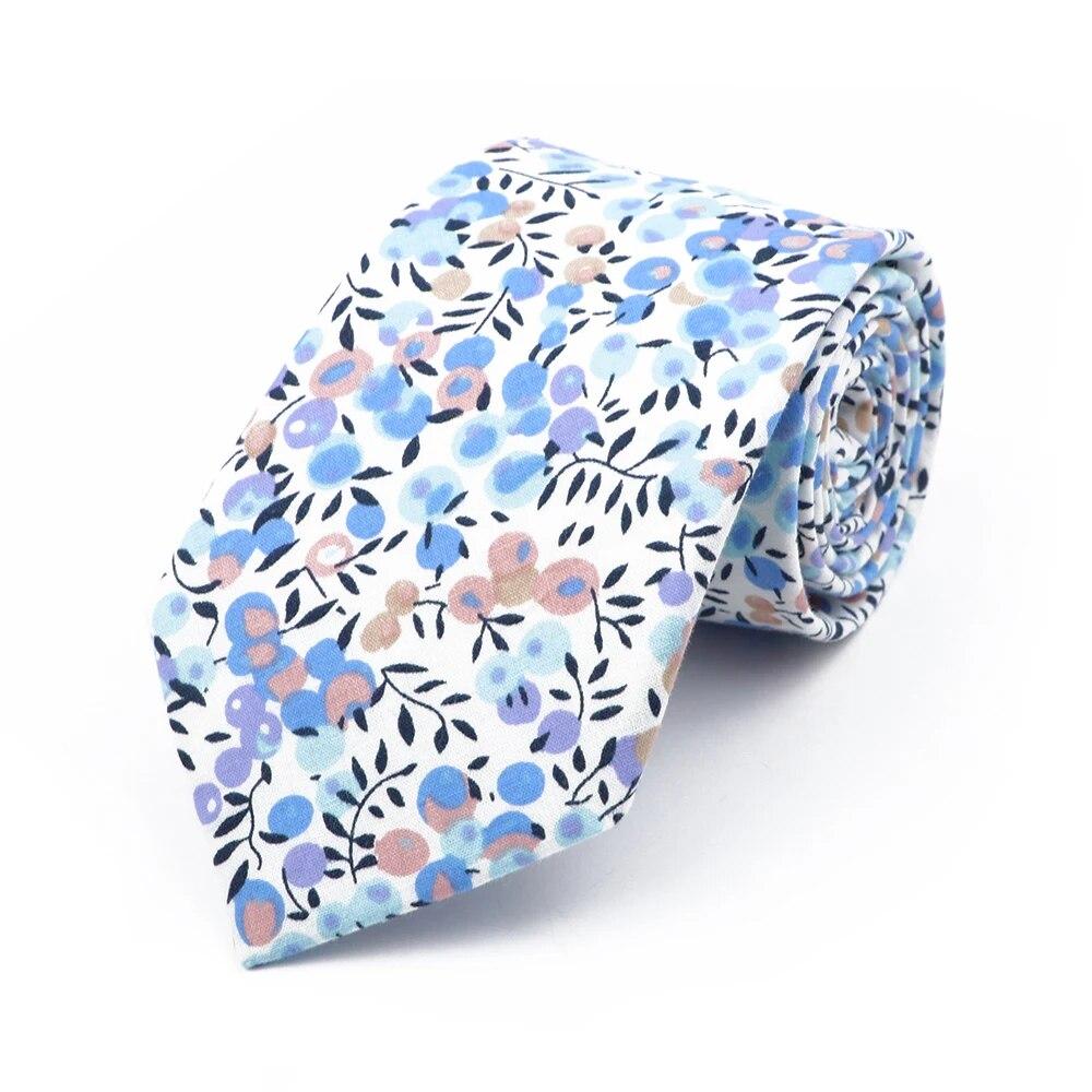Floral Tie, For Men Women, 100% Cotton, Elegant Flower Necktie, White, Blue, Narrow Skinny, Wedding, Party