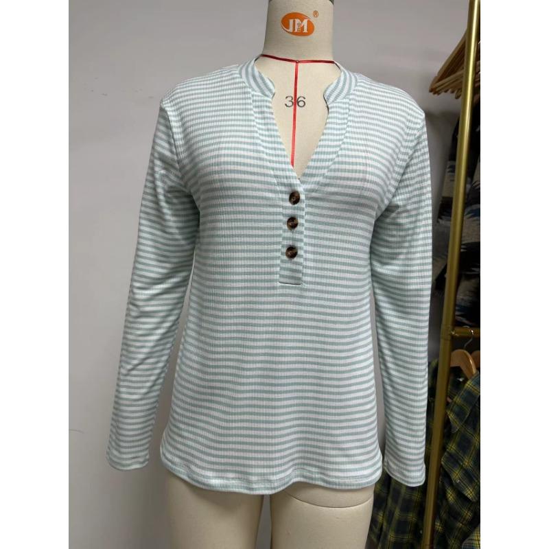 Spring and Autumn Women's Blouse V-neck Button Stripe Loose Long Sleeve Top