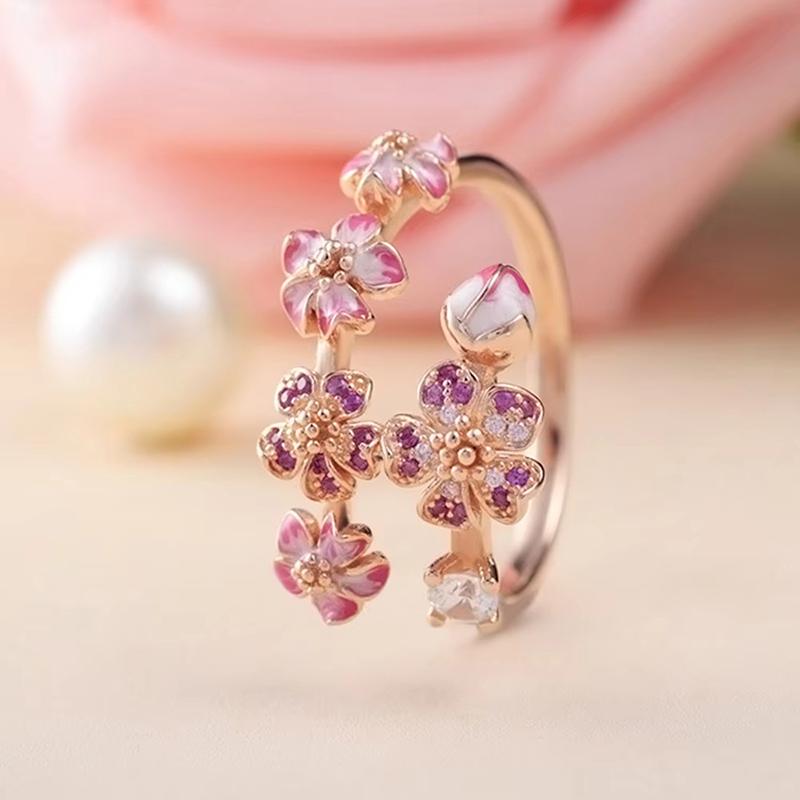 S925 Silver Rose Enamel Peach Blossom Crystal Ring For Women Simple Fine Ring Wedding Party Jewelry