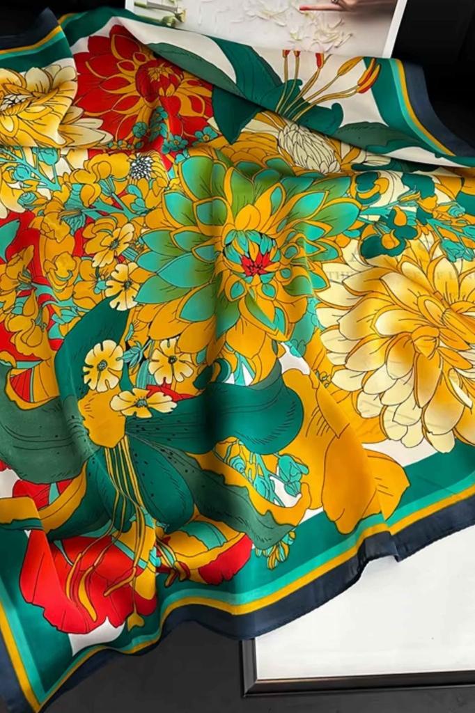 Satin Scarf 70x70 - Exotic Flowers in Tropical Colors
