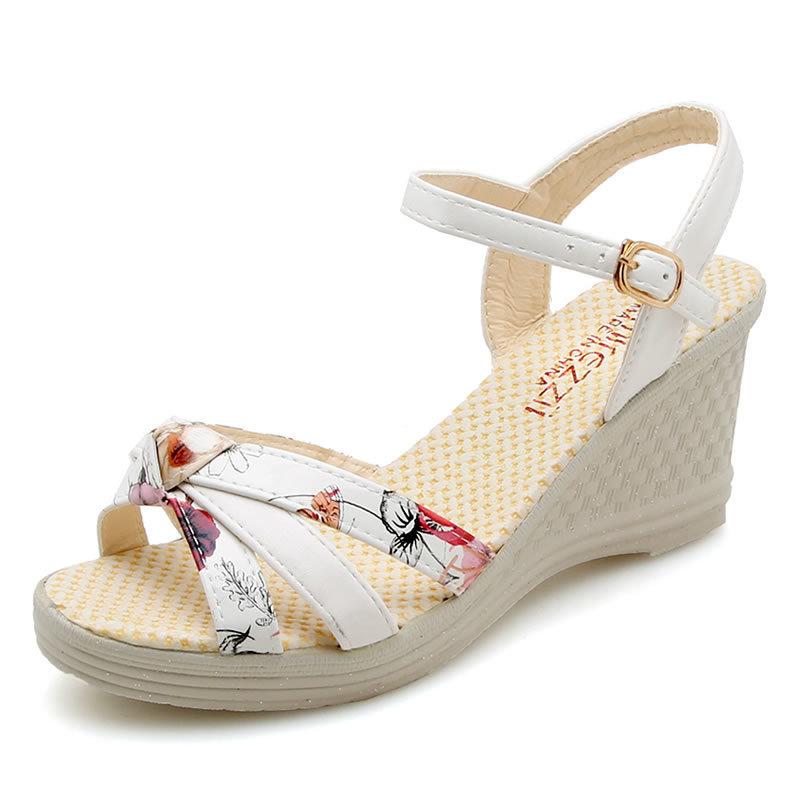 Fashion Women Summer Casual Flat Wedges Floral Lattice Sandals High-heeled Beach Female Shoes