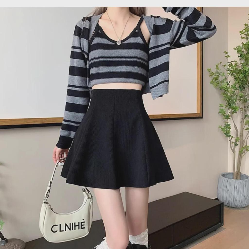 Женская вельветовая юбка А-силуэта с высокой талией и складками - Осень/Зима 2023 Корейский стиль