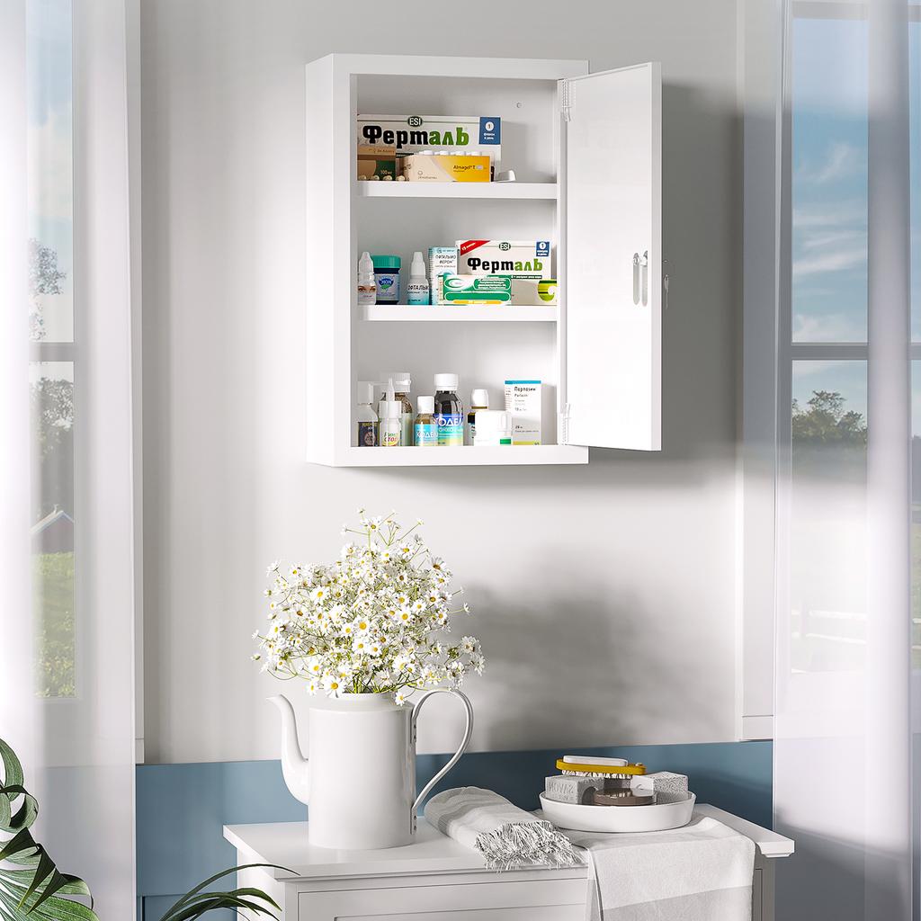 Medicine Cabinet, 3 Compartments, Lockable Door, Sturdy Steel Housing, White, 30 x 14 x 46 cm