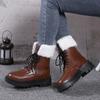 Fashion Autumn  Winter Warm Fur Women Ankle Boots Low Heel Thick Sole Non Slip Sole Round Toe Lace Up Solid Color Boots Leather Women