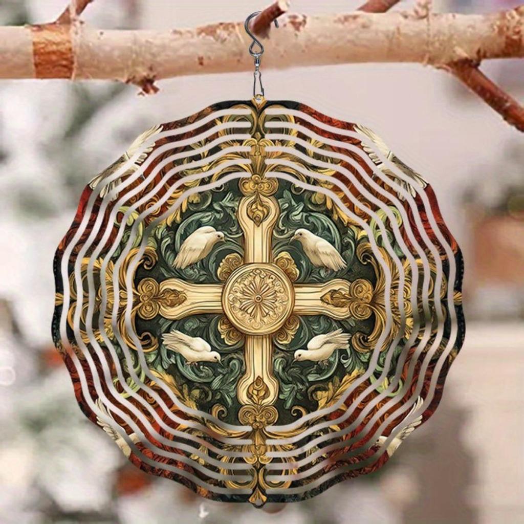 3D Peace Dove Cross Wind Spinner Kinetic Motion Metal Garden Wind Chime Golden Accents Outdoor Indoor Decorative Ornament for Patio Yard Home Unique
