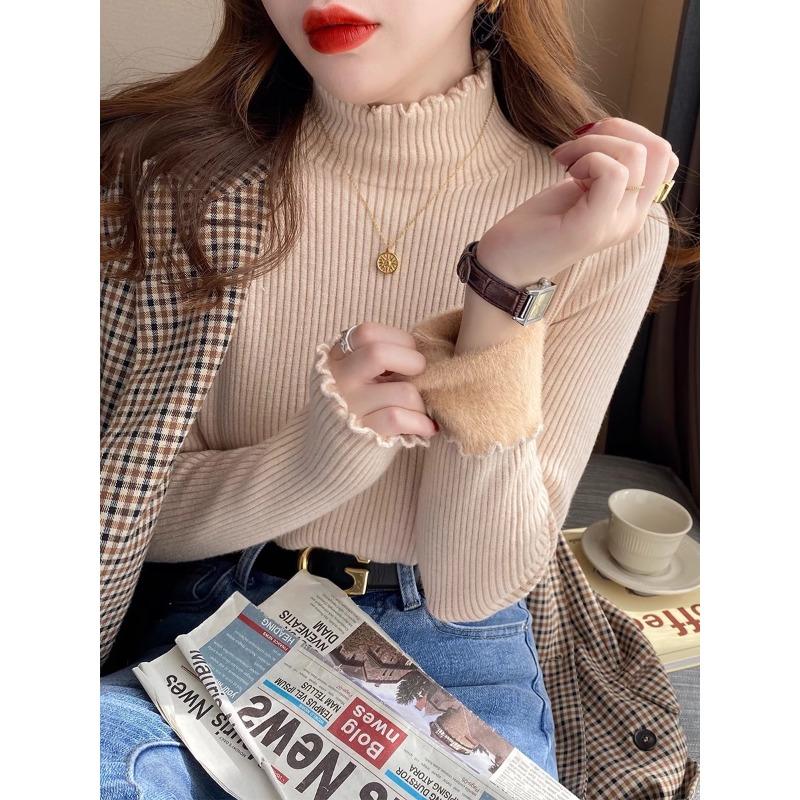 Fleece and Thickened Integrated Fleece Knitted Bottoming Shirt Women's Fungus Edge Semi-turtleneck Sweater Autumn and Winter Long-sleeved Inner Top