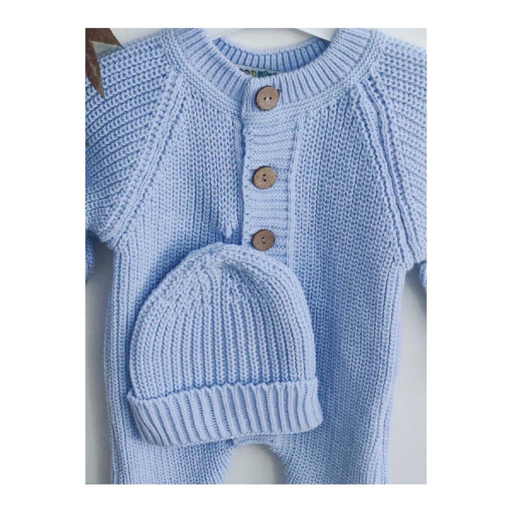 Buttoned Beige Thessaloniki Knitted Knitted Baby Jumpsuit With Hat