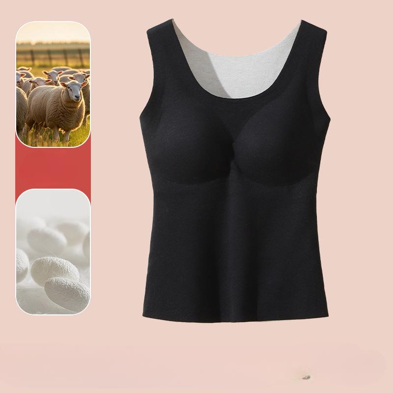 Autumn and Winter Warm Vest Women's Wool Round Neck Fixed Chest Pad with Velvet German Velvet Seamless Inner Layer Bottom Underwear