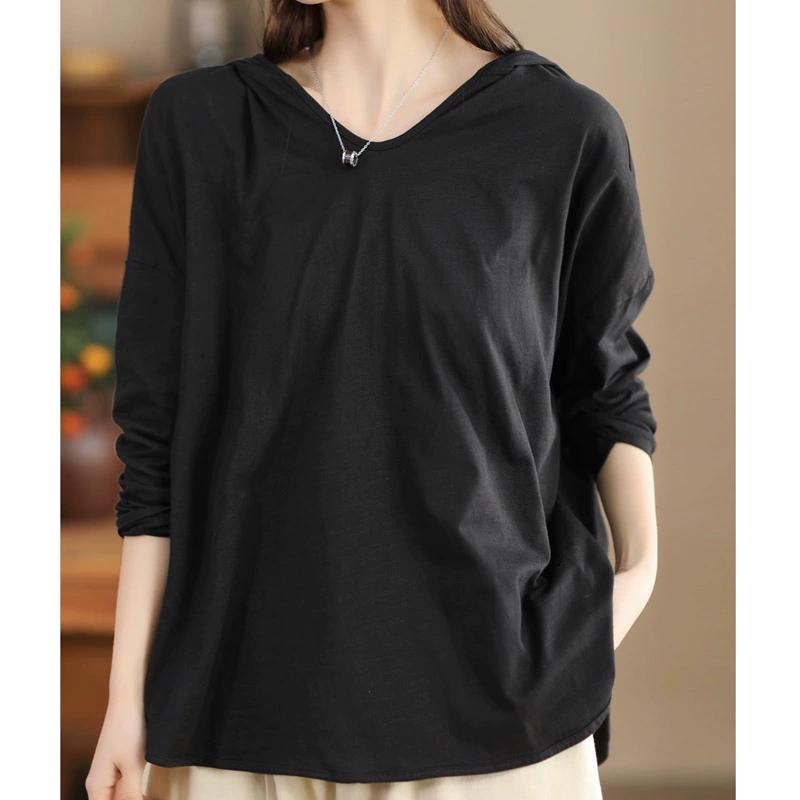 Dimanaf 2024 плюс размер, осенняя однотонная футболка с капюшоном, женские асимметричные однотонные свободные топы с длинными рукавами, футболки