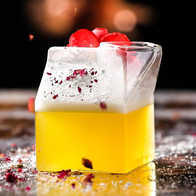 300ml Glass Milk Cup Milk Carton Juice Cup Mini Creamer Square Glass Cup Milk Pitcher Jug Creative Cocktail Glasses for Drinks