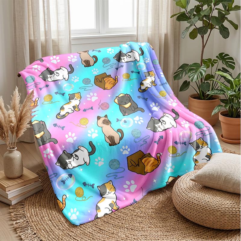 Colorful Cats Pattern blanket Personalized Name Flannel Blanket Soft Cozy Plush Throw for Sofa Bed Lightweight Home Decor