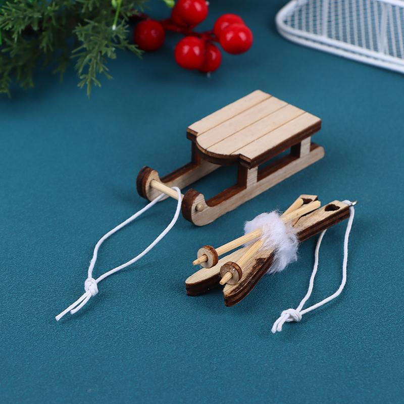 1/12 Dollhouse Miniature Sleigh Sled Ski Poles Pendant Dollhouse Christmas Scene Decoration Dolls House Xmas Accessories